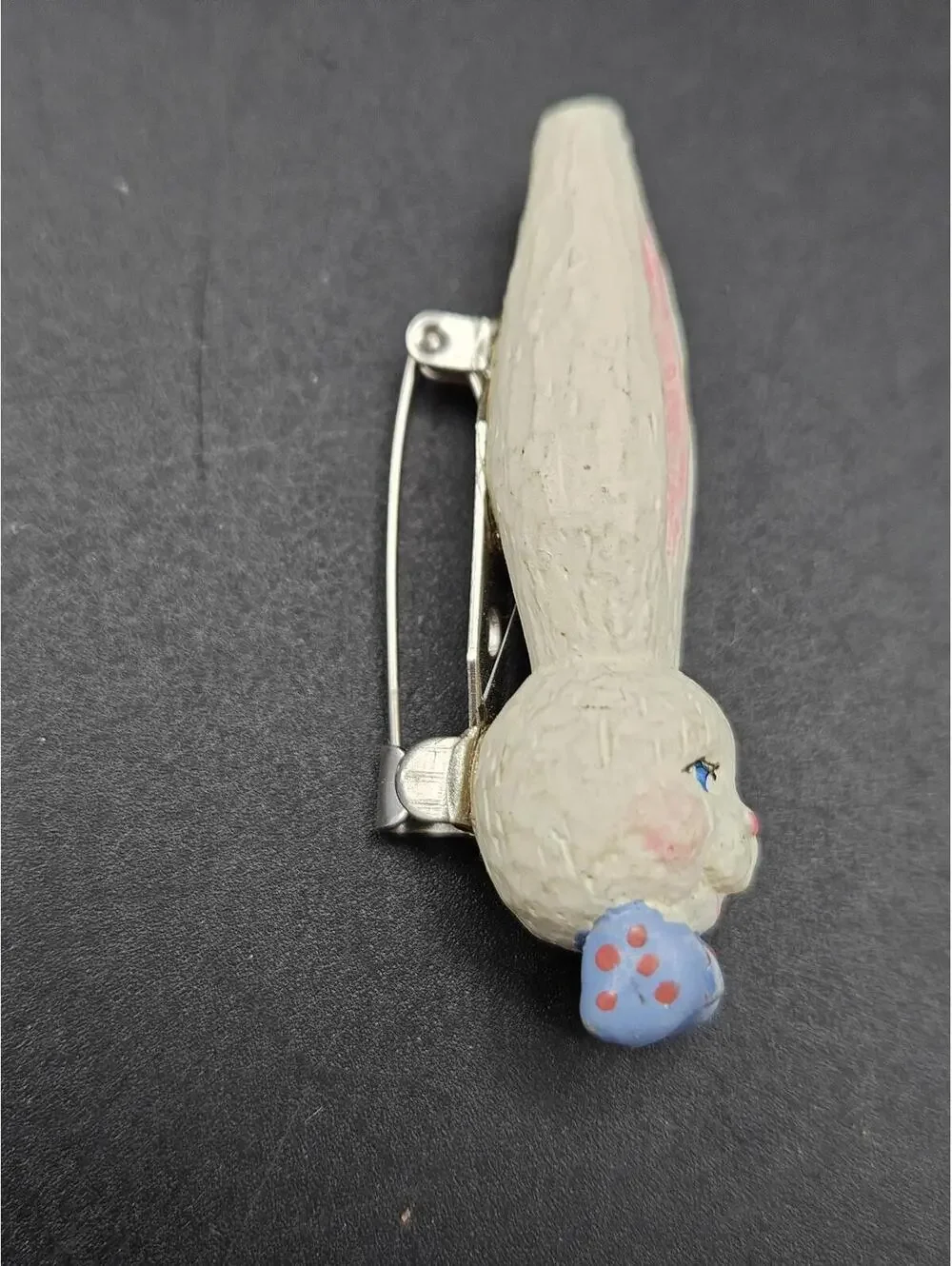 Vintage Bunny Rabbit Head Pin Brooch Carved Wood Look Blue Bow Tie